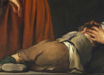 Detalle del pantalón repintado del niño (Kimbell Art Museum, Texas)