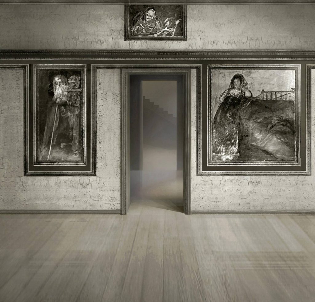 Así estaban colocadas en la Quinta del Sordo, según la investigación de Carlos Foradada, las obras deGoya 'Dos viejos', 'Dos viejos comiendo' y 'La Leocadia'