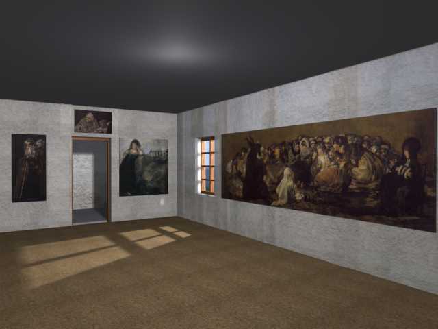 Planta baja: El Aquelarre, relacionado con "La Leocadia" a su izquierda. Al otro lado de la puerta, "Dos ermitaños". Sobre ella, "Viejo y vieja tomando un sopa"  de la pagina www.theartwolf.com