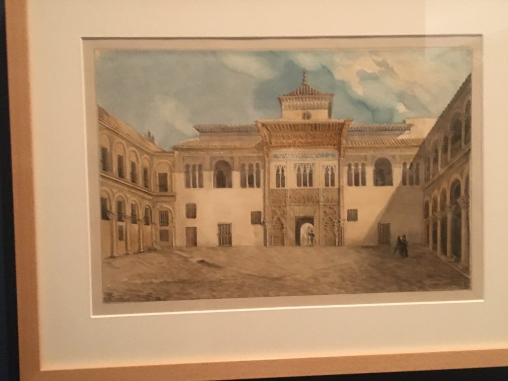 Patio de la Montería, Reales Alcázares de Sevilla 1848 Lapiz y aguda de colores sobre papel de Valentin Carderera (Museo Lázaro Galdiano) Foto: Sofia Muñoz