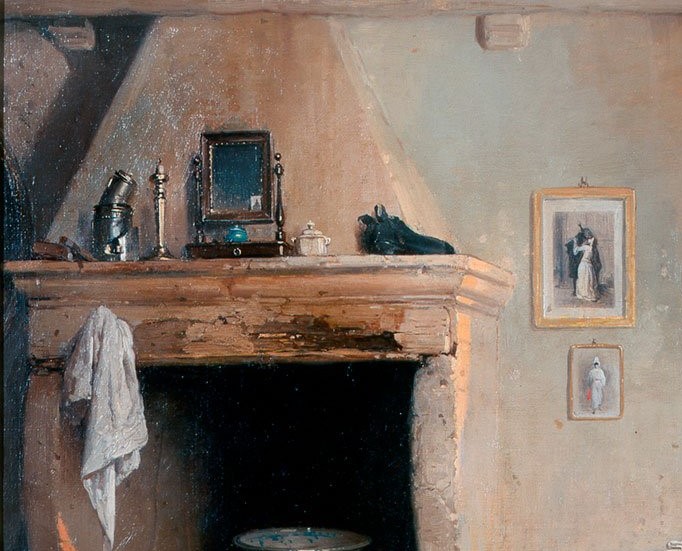 Detalle de la chimenea en el cuadroTriste Presentimiento de Gerolamo Indumo en la Pinacoteca de Brera de 1862 (Foto: Sofia Muñoz)