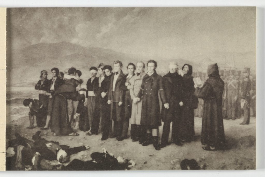 Postal del Museo Nacional de Arte Moderno.  abierto por el ejemplar del Fusilameinto de Torrijos, Fototipia de Hauser y Menet. Madrid, Museo Nacional del Prado