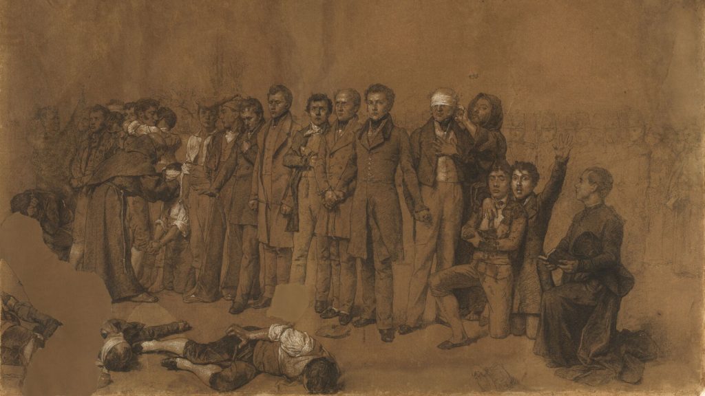 Fusilamiento de Torrijos y sus compañeros en las playas de Málaga  de Antonio Gisbert (1888) (Museo del Prado) Carboncillo, lápiz y clarión sobre papel
