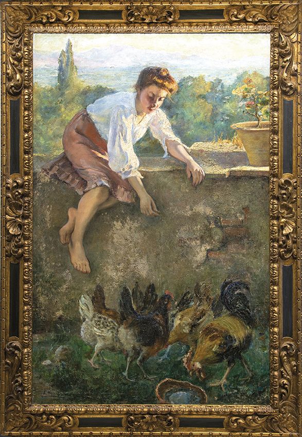 Jugando con las gallinas en el Carmen 1906 de Aurelia Navarro