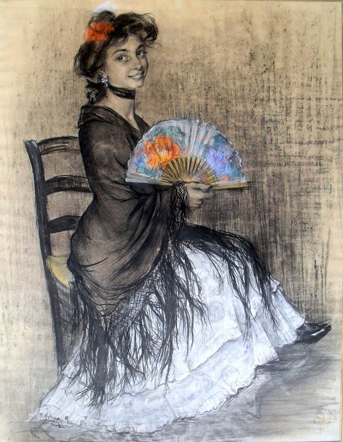 Aurelia Navarro, Joven con mantón, h. 1905. Dibujo al carbón y pastel sobre papel, 59 x 46 cm. Colección Ignacio Navarro.